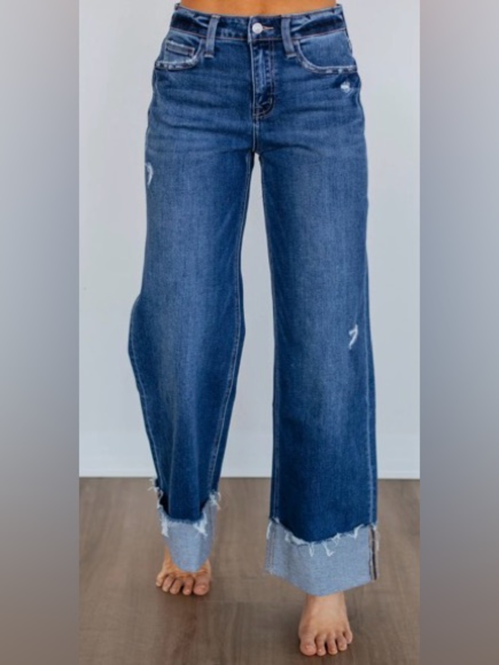 Flying Monkey Preston Raw Hem Wide-Leg Jeans in Mid Blue